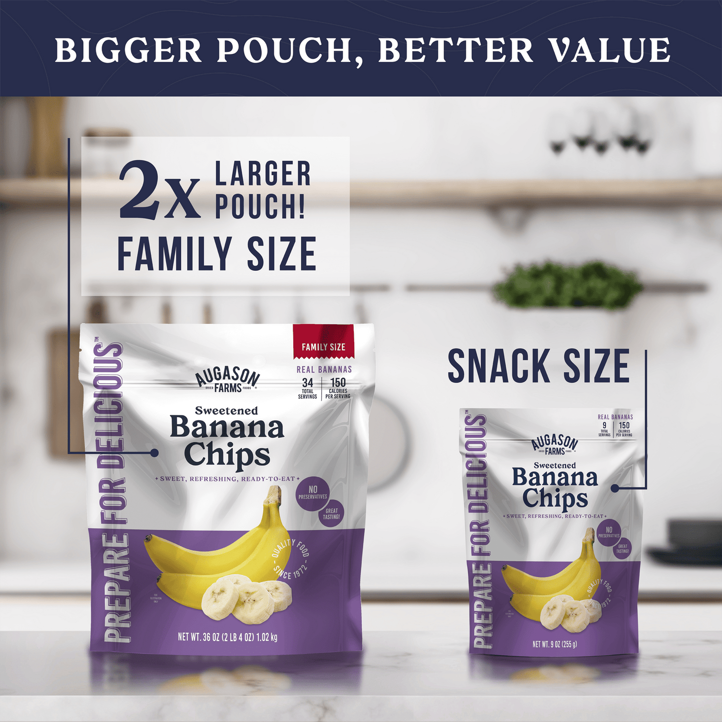 Family size pouch of Augason Farms banana chips with 34 servings, showing golden banana slices in a resealable bag.