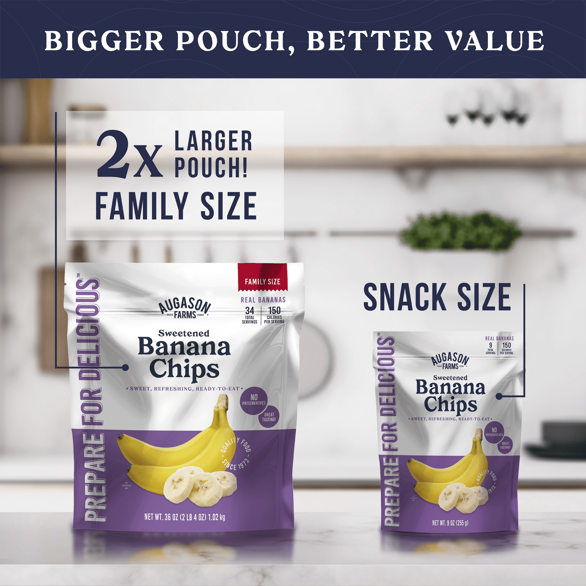 Family size pouch of Augason Farms banana chips with 34 servings, showing golden banana slices in a resealable bag.