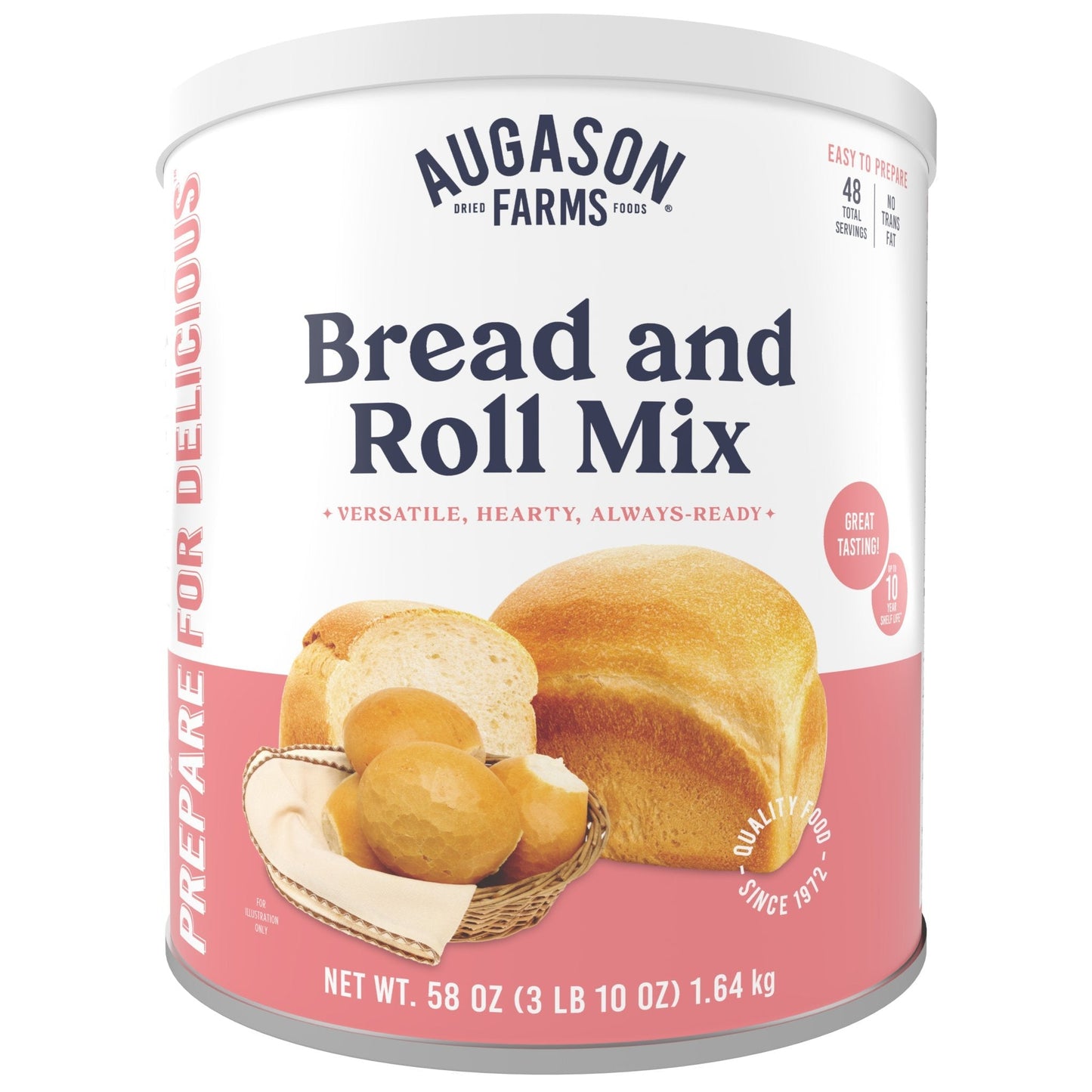 Augason Farms bread and roll mix can, 48 servings, showing the sealed can with label and product description.