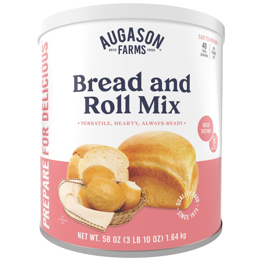 Augason Farms bread and roll mix can, 48 servings, showing the sealed can with label and product description.