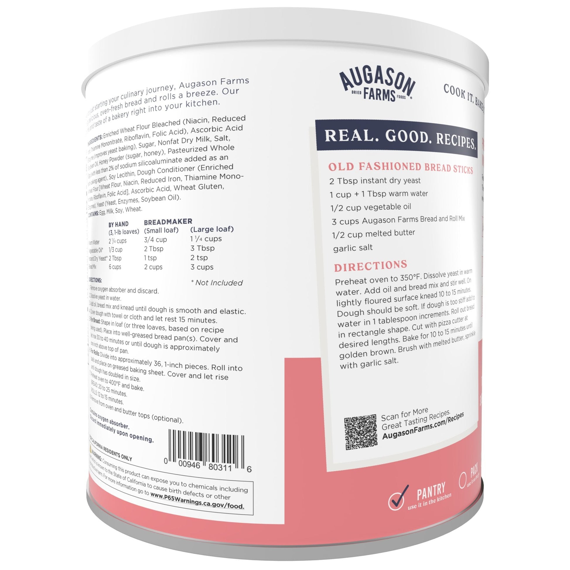 Augason Farms bread and roll mix can, 48 servings, showing a sealed can of baking mix for homemade bread and rolls.