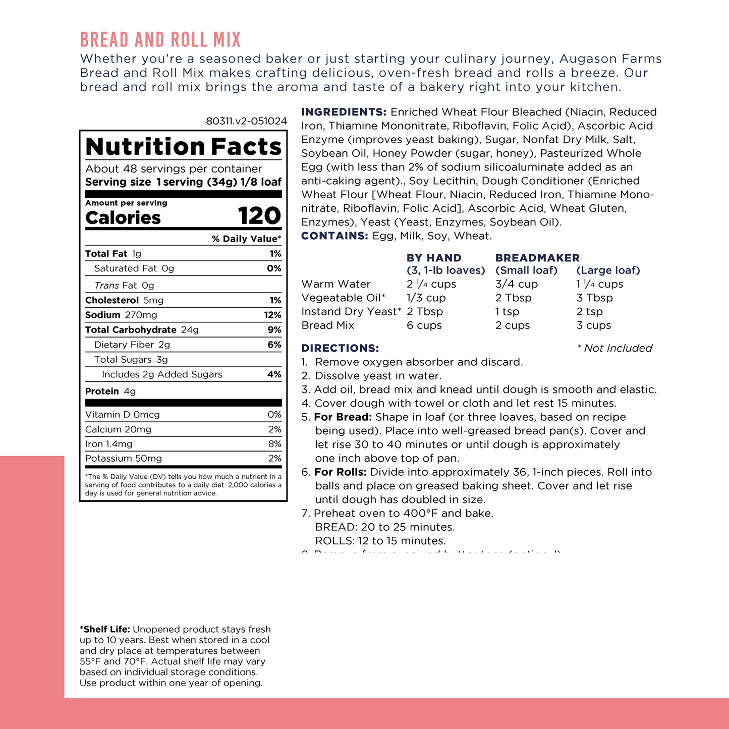 Augason Farms bread and roll mix can with 48 servings, showcasing the sealed container and baking instructions on the label.