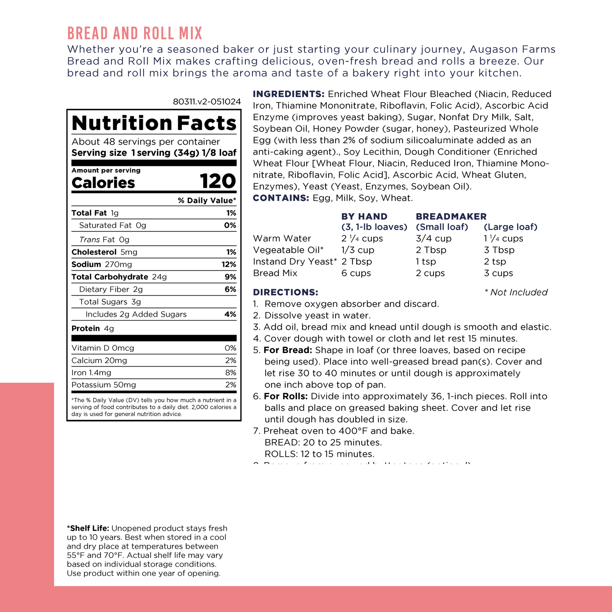 Augason Farms bread and roll mix can with 48 servings, showcasing the sealed container and baking instructions on the label.