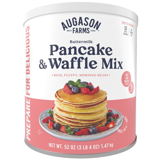 Augason Farms buttermilk pancake and waffle mix can, 33 servings, with a label showing the product name and brand.