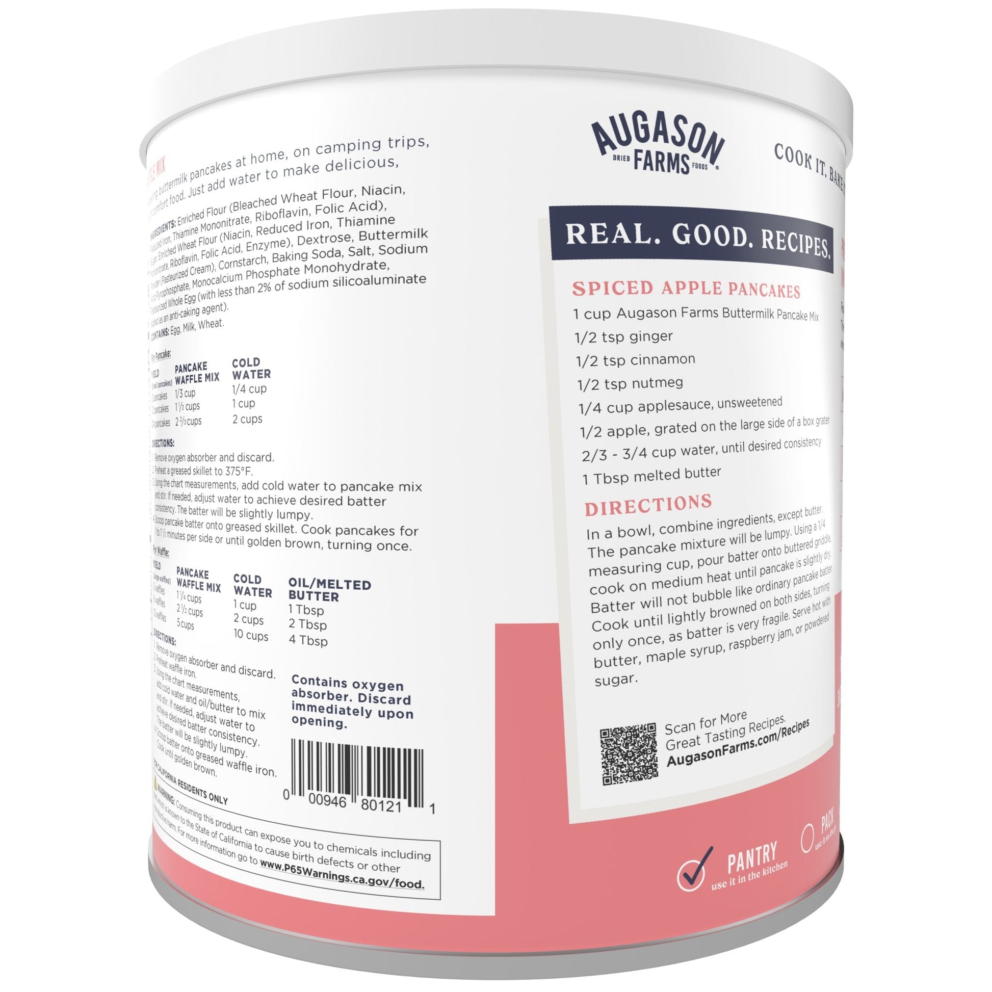 Augason Farms buttermilk pancake and waffle mix can, 33 servings, with a label showing golden pancakes and waffle images.
