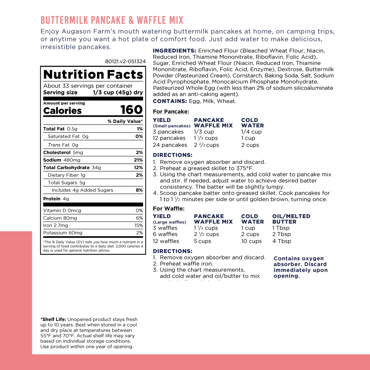 Augason Farms buttermilk pancake and waffle mix can, 33 servings, with a label showing the product and brand name.