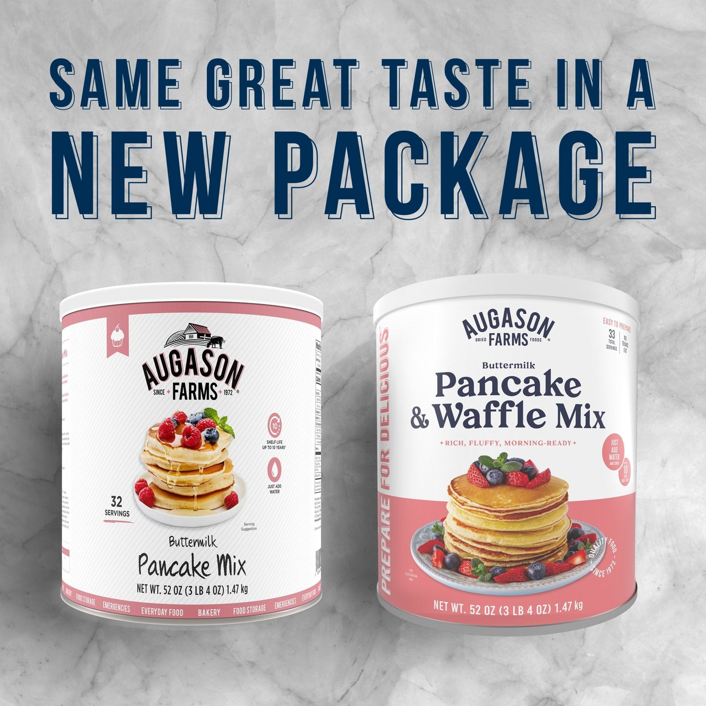 Augason Farms buttermilk pancake and waffle mix can with 33 servings, featuring a yellow label and ready-to-make breakfast mix