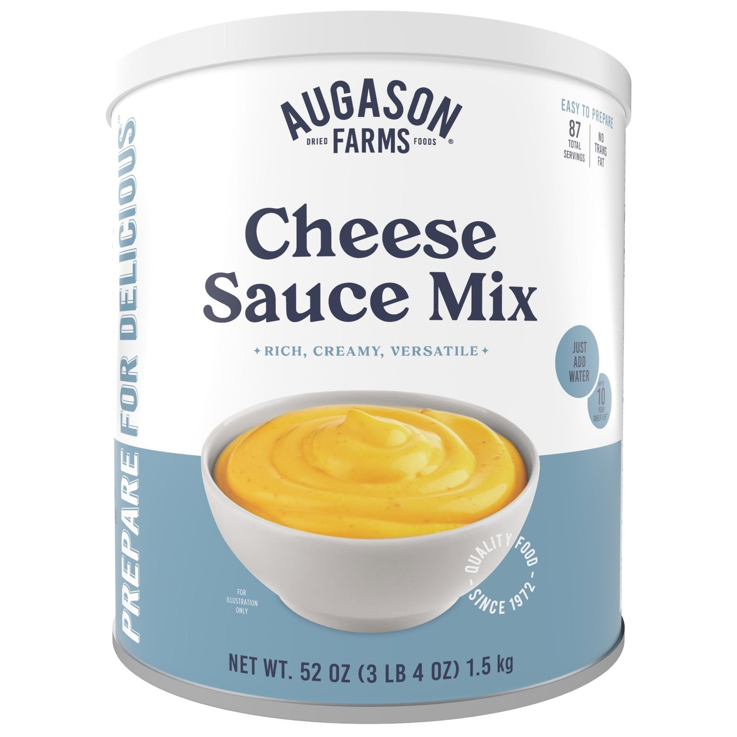 Augason Farms cheese sauce mix can with 87 servings, showing a can of cheesy sauce mix for cooking and seasoning.