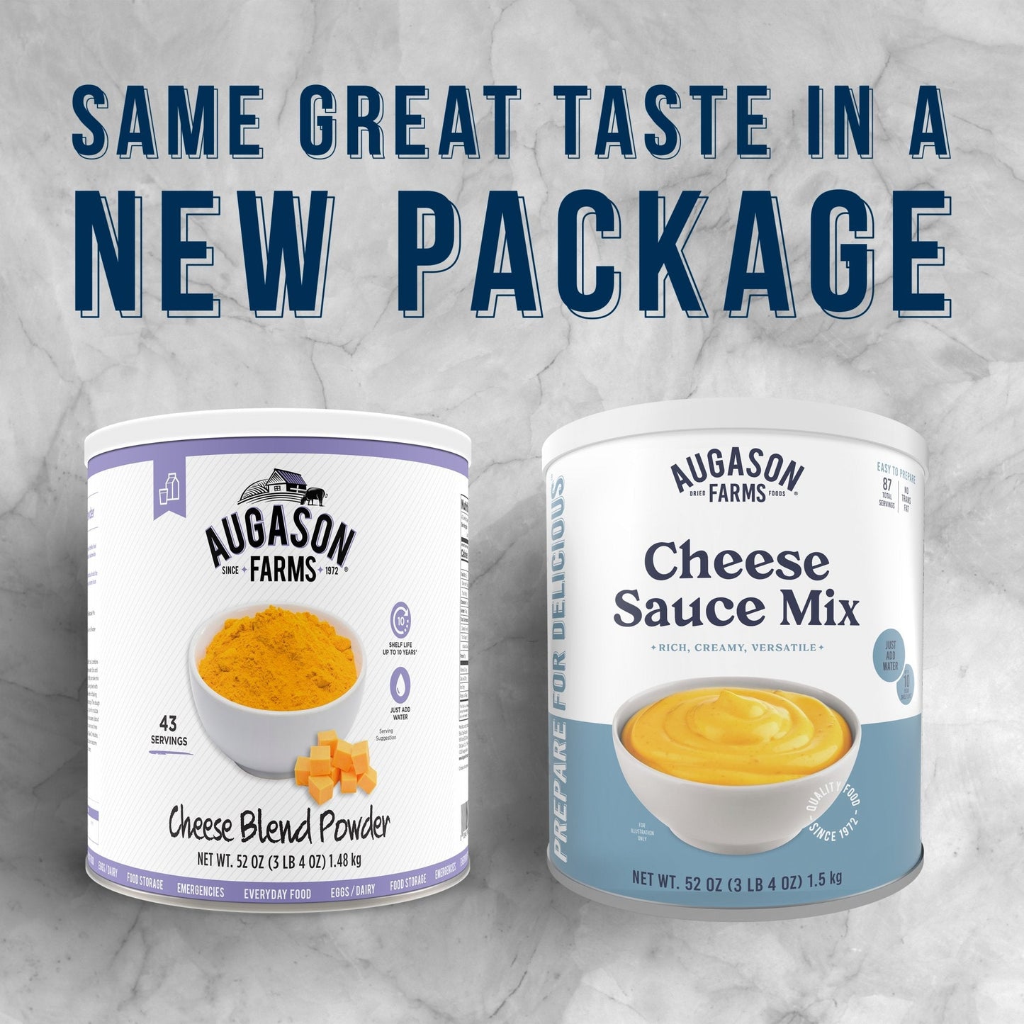 Augason Farms cheese sauce mix can with 87 servings, featuring a bright label and canister for easy storage and quick preparation.