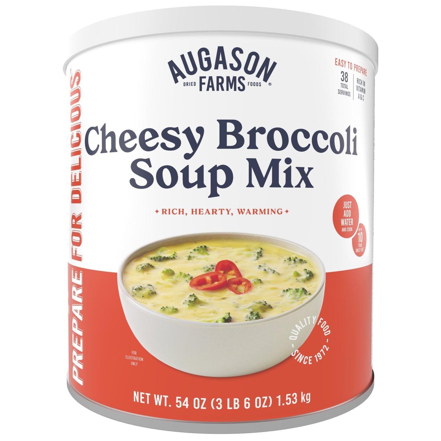 Augason Farms Cheesy Broccoli Soup Mix can with 38 servings, featuring a label with images of broccoli and cheese on the can.