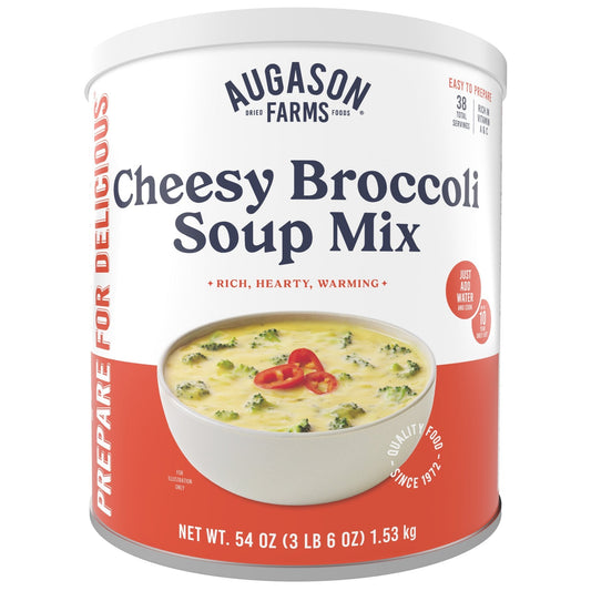 Augason Farms Cheesy Broccoli Soup Mix can with 38 servings, featuring a label with images of broccoli and cheese on the can.