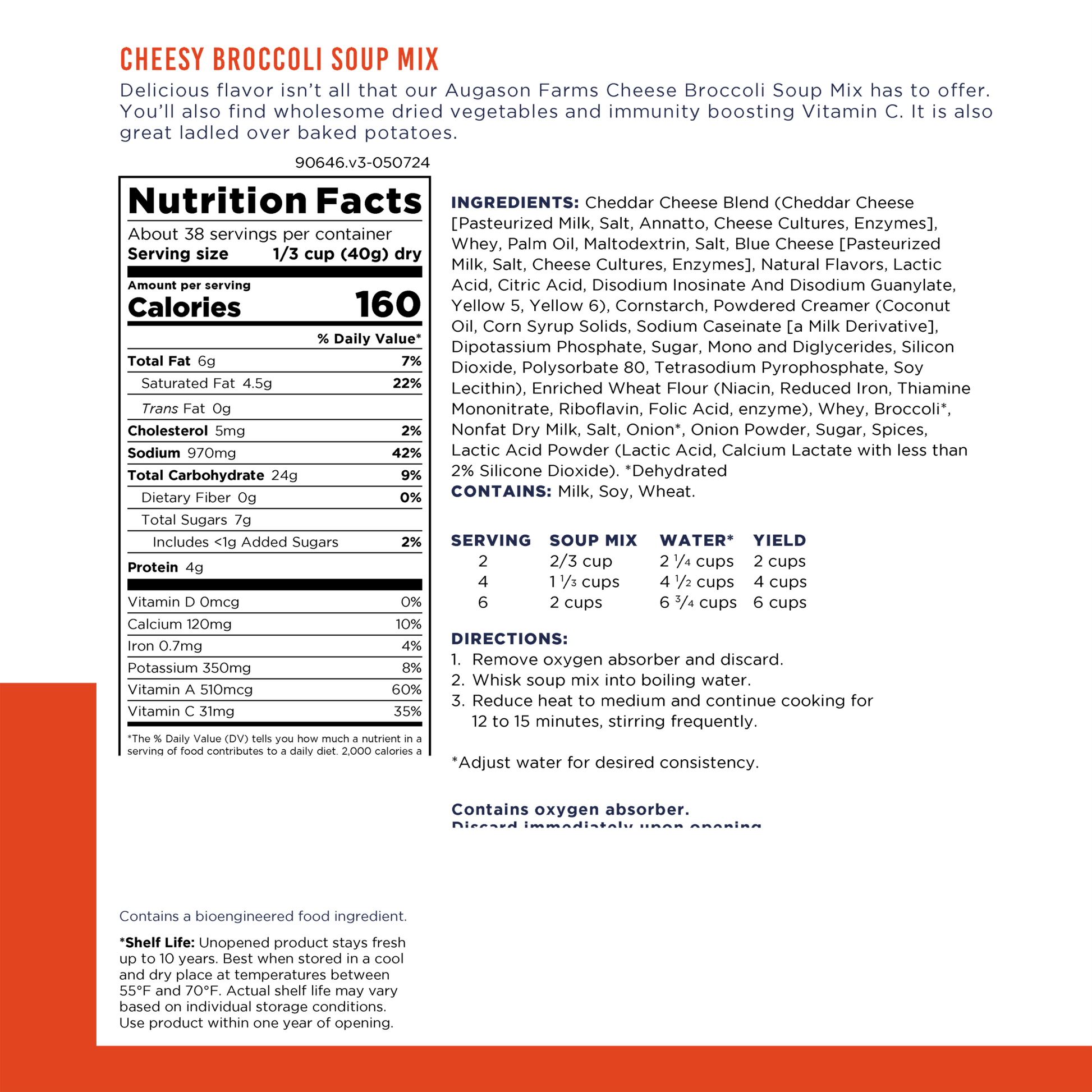 Can of Augason Farms Cheesy Broccoli Soup Mix with 38 servings, showing the product label and packaging.