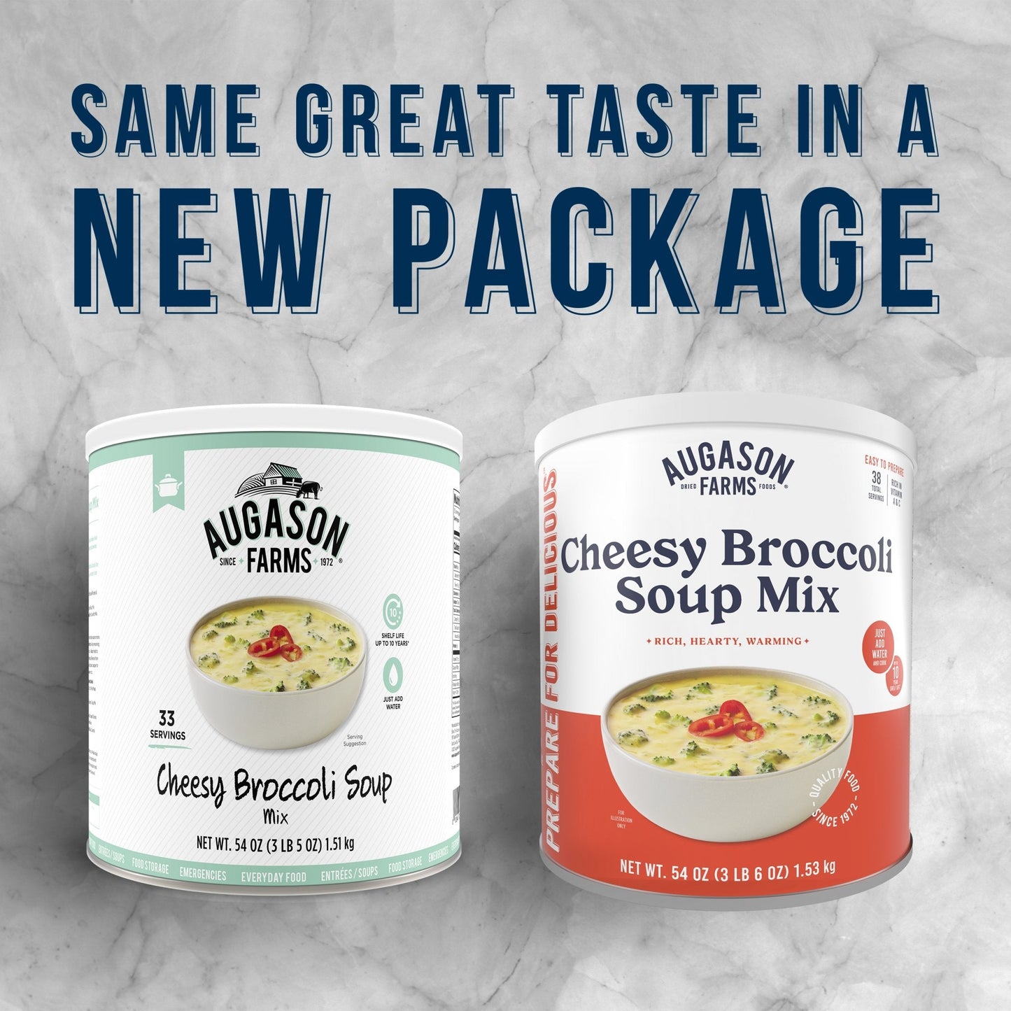 Augason Farms Cheesy Broccoli Soup Mix can with 38 servings, featuring a label with broccoli and cheese imagery.