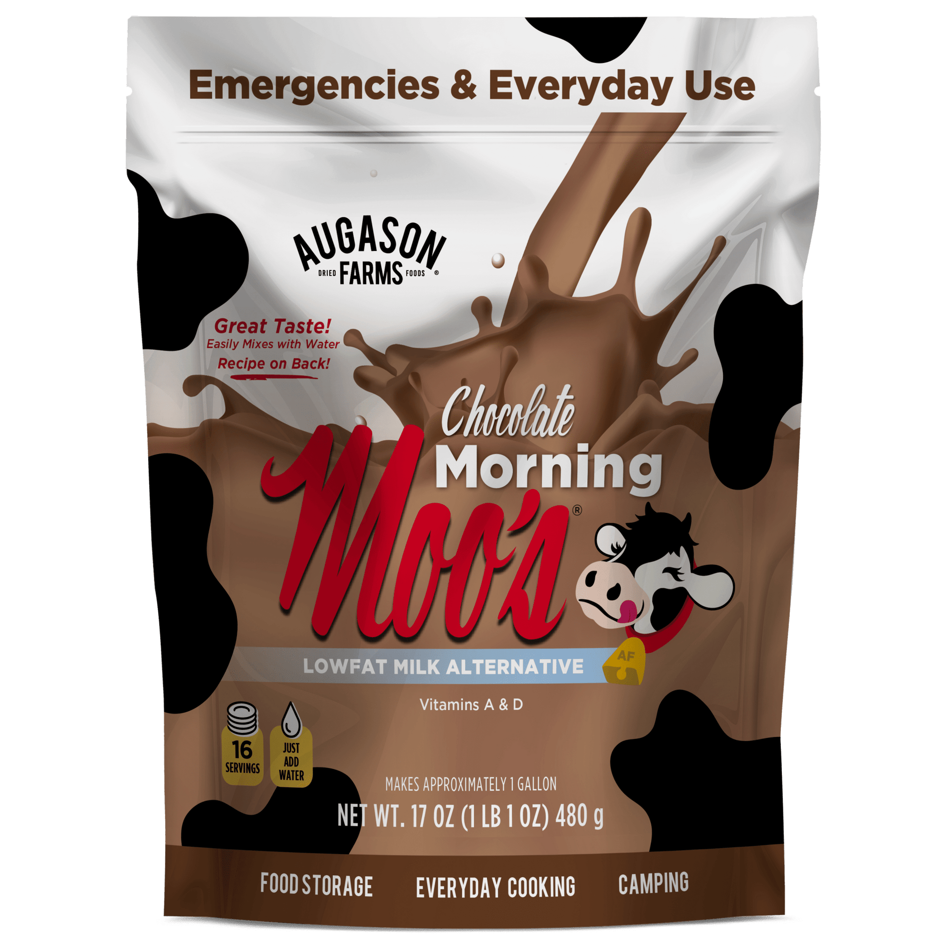 Augason Farms Chocolate Morning Moo's milk alternative pouch with 16 servings, featuring a chocolate-flavored milk substitute in a resealable pouch.