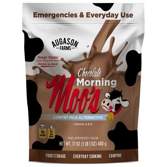 Augason Farms Chocolate Morning Moo's milk alternative pouch with 16 servings, featuring a chocolate-flavored milk substitute in a resealable pouch.