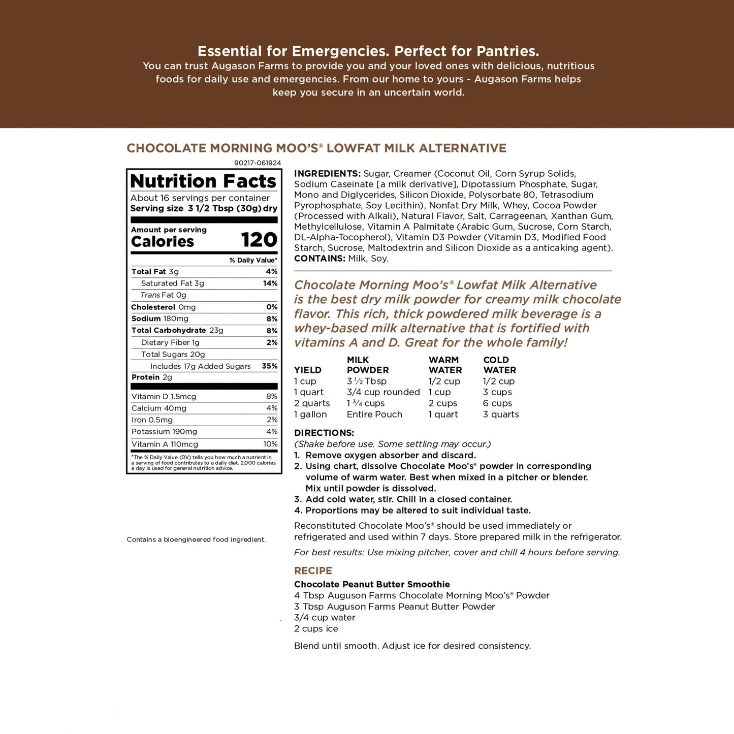 Augason Farms Chocolate Morning Moo's milk alternative pouch with 16 servings, plant-based dairy alternative in a flexible pouch.