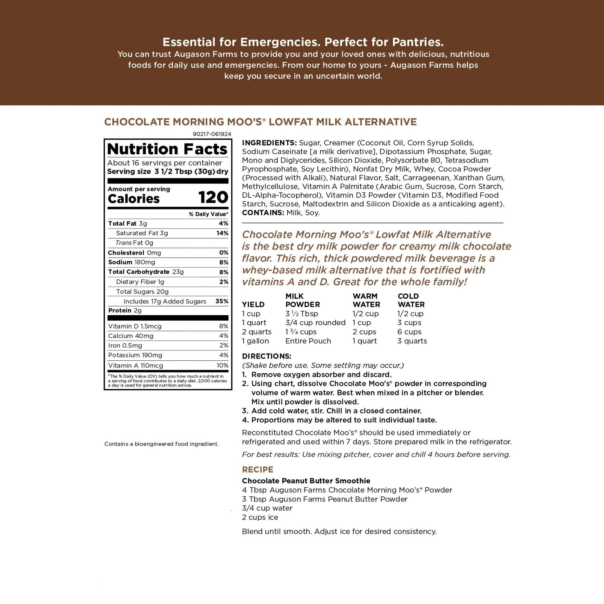 Augason Farms Chocolate Morning Moo's milk alternative pouch with 16 servings, plant-based dairy alternative in a flexible pouch.