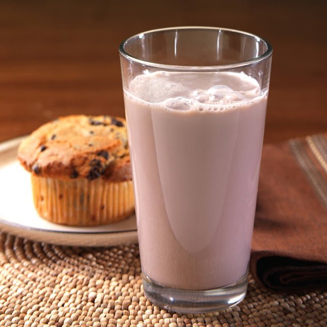 Augason Farms Chocolate Morning Moo's Milk Alternative pouch with 16 servings, featuring a resealable pouch and chocolate flavor.