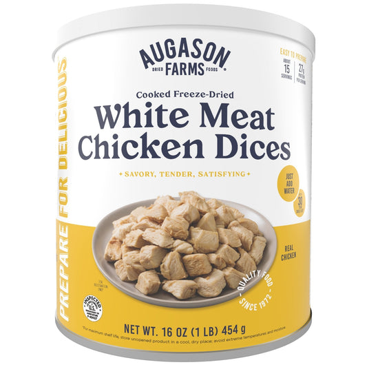 Can of Augason Farms cooked freeze-dried white meat chicken dices with 15 servings, showing the product can and label.