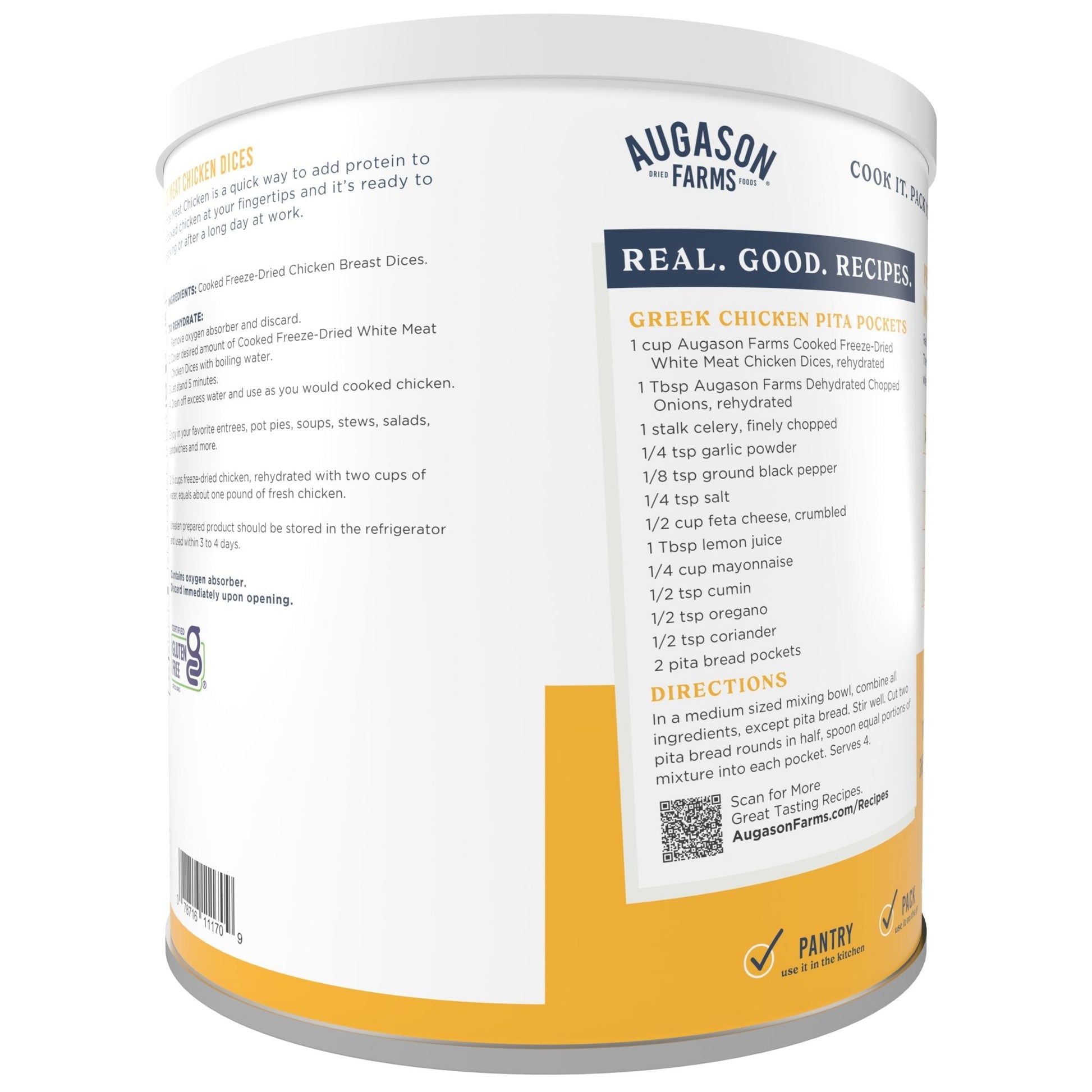 Can of Augason Farms cooked freeze-dried white meat chicken dices, showing the white chicken pieces inside the can.