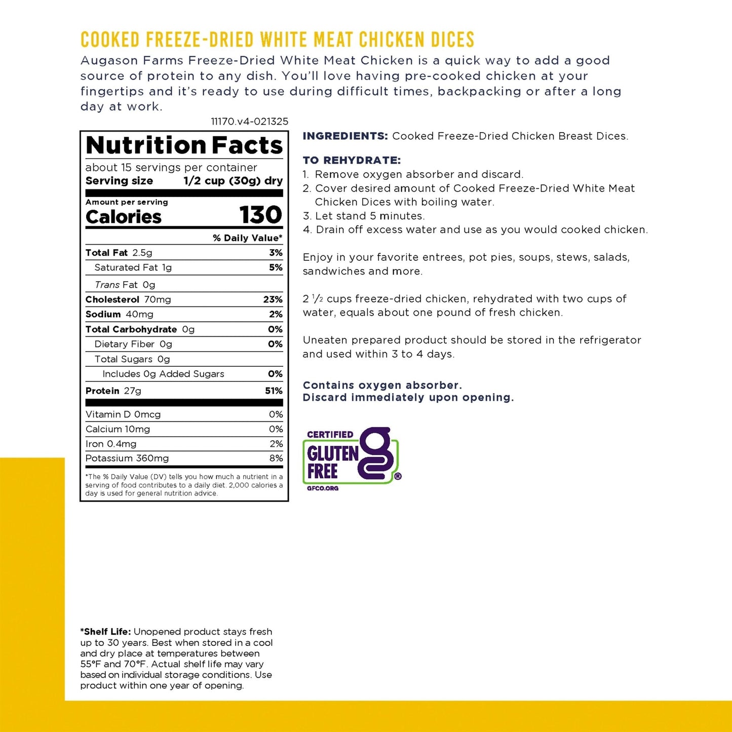 Can of Augason Farms cooked freeze-dried white meat chicken dices with 15 servings, showing the product in the can.