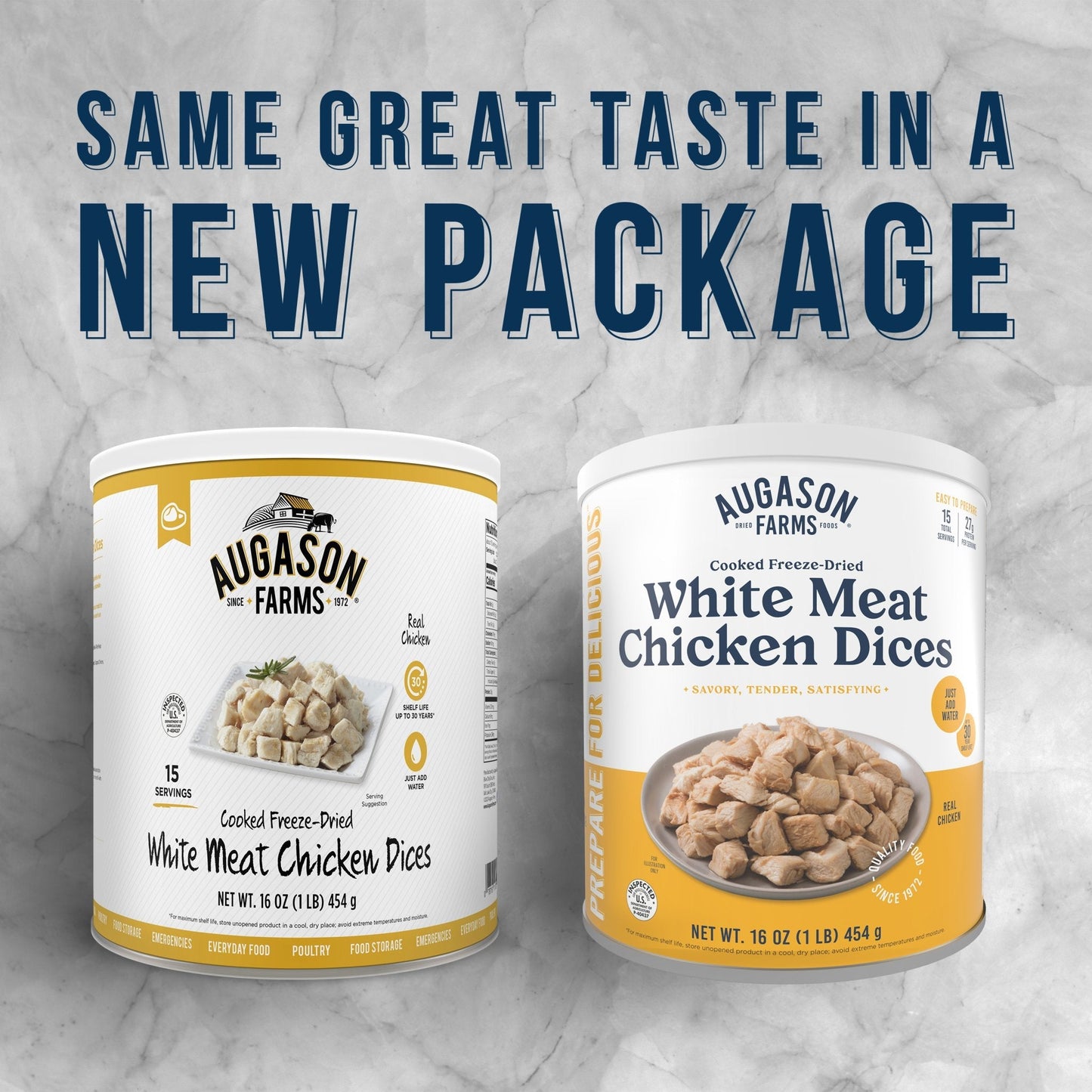 Can of Augason Farms cooked freeze-dried white meat chicken dices, 15 servings, showing the label on the can.