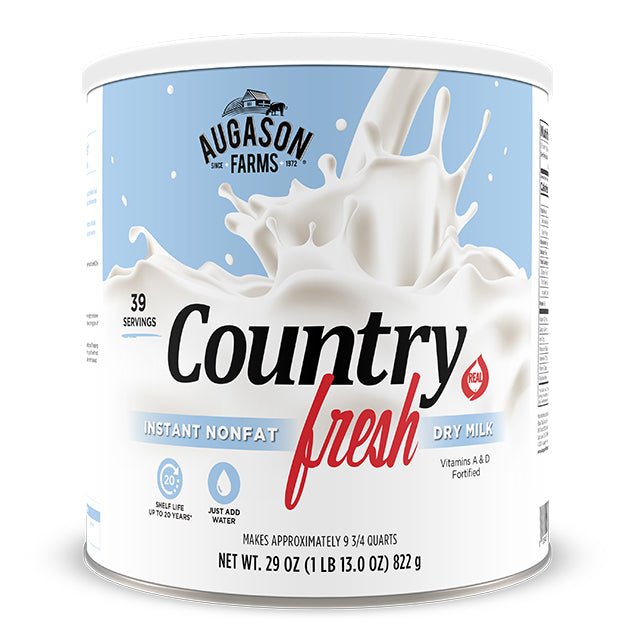 Augason Farms Country Fresh instant nonfat dry milk can with 39 servings, showing a sealed white powdered milk container.