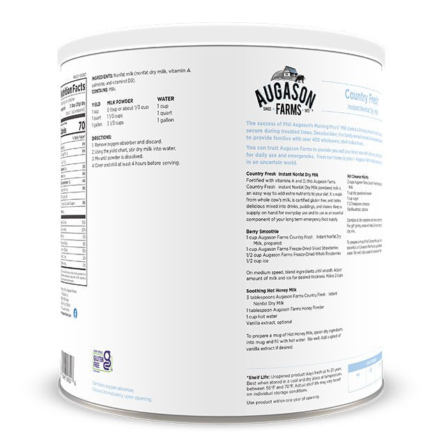 Augason Farms Country Fresh Instant Nonfat Dry Milk can with 39 servings, showing a white powdered milk canister.