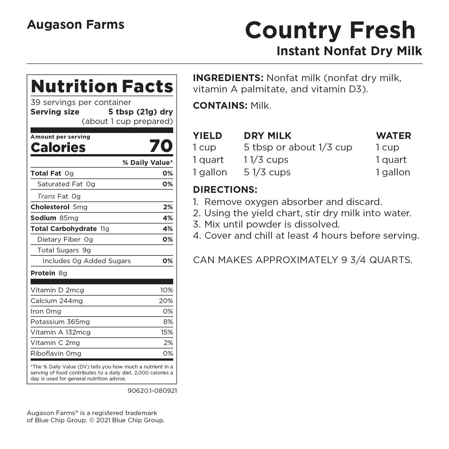 Can of Augason Farms Country Fresh Instant Nonfat Dry Milk with 39 servings, featuring a white container and product label.