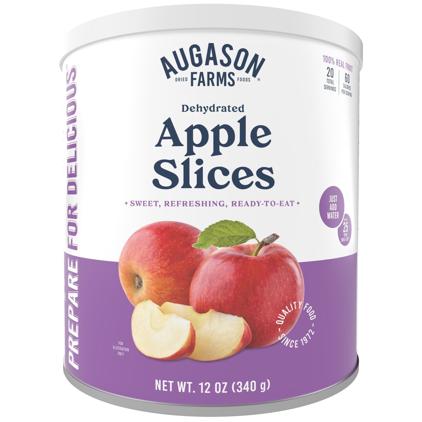 Can of dehydrated apple slices from Augason Farms with 20 servings, showing dried apple slices in a sealed can