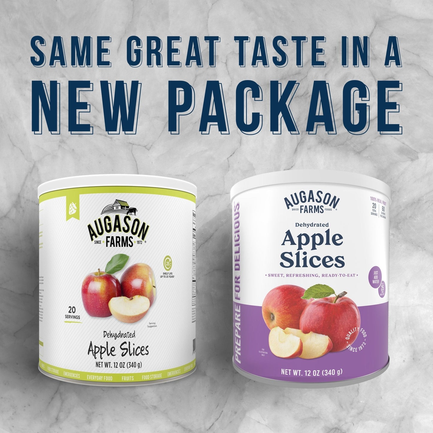 Container of Augason Farms dehydrated apple slices can with 20 servings, showing dried apple slices inside a sealed can.