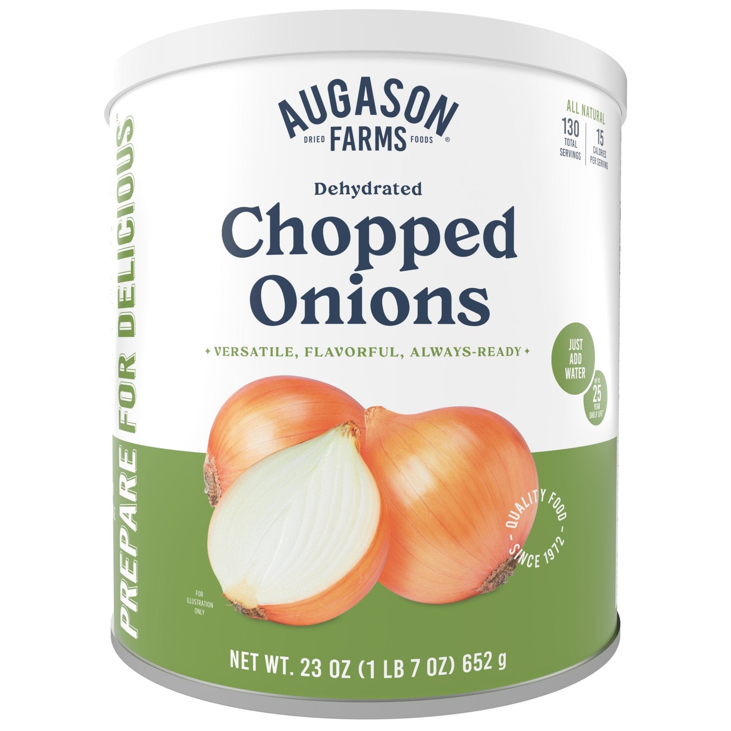 Can of dehydrated chopped onions from Augason Farms, 130-serving size, with dried onion flakes visible inside the can.