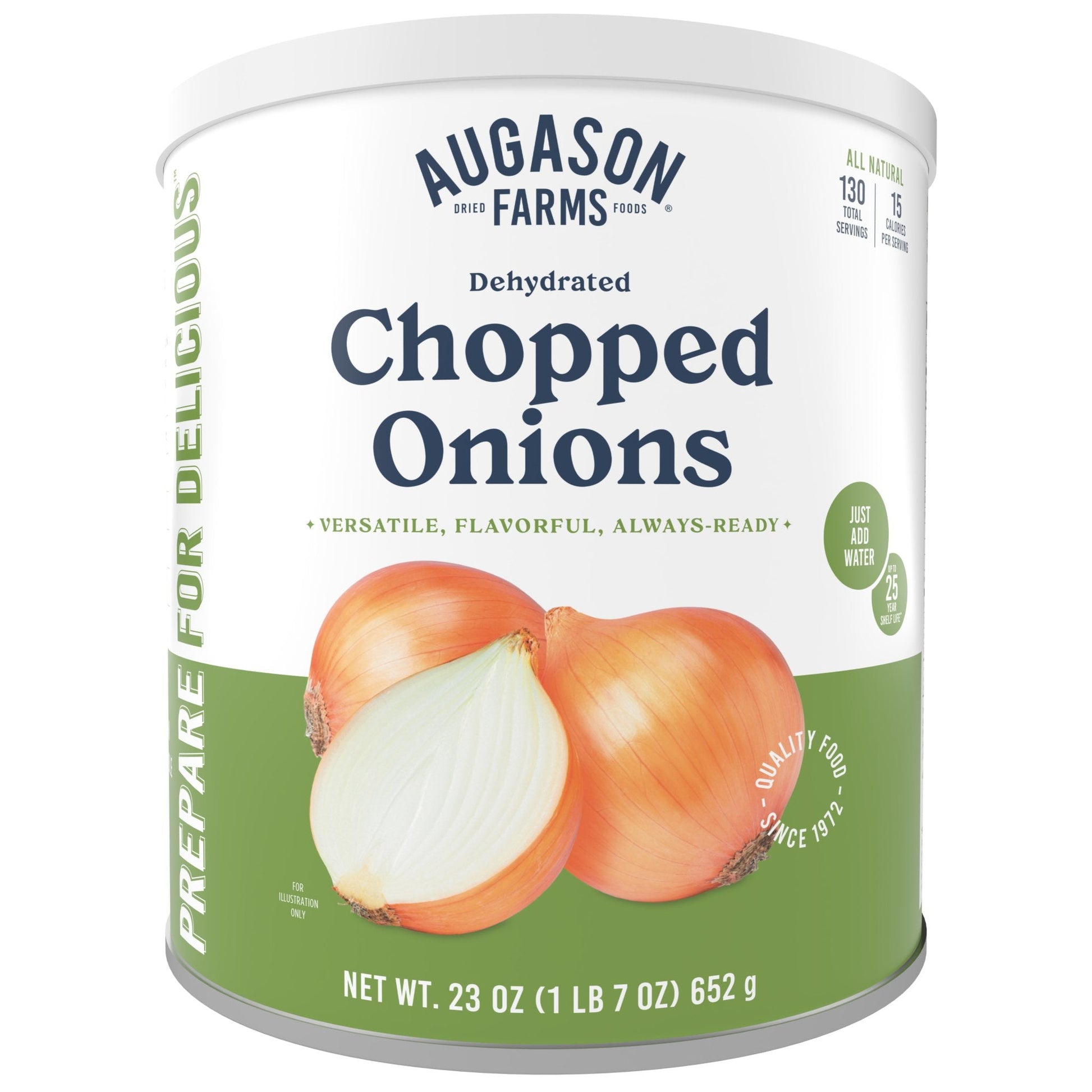 Can of dehydrated chopped onions from Augason Farms, 130-serving size, with dried onion flakes visible inside the can.