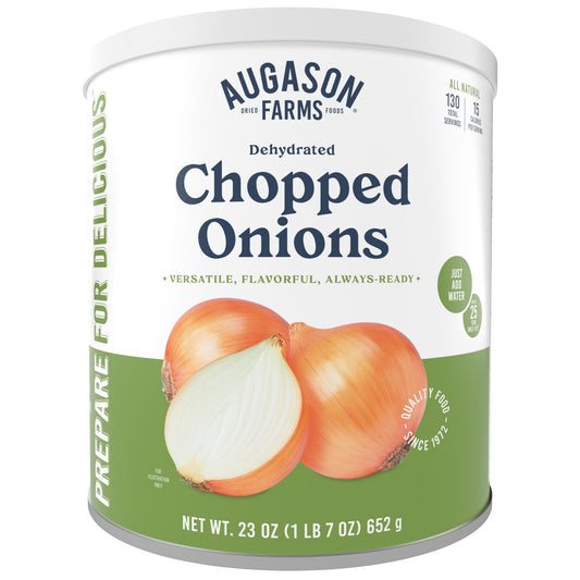 Can of dehydrated chopped onions from Augason Farms, 130-serving size, with dried onion flakes visible inside the can.