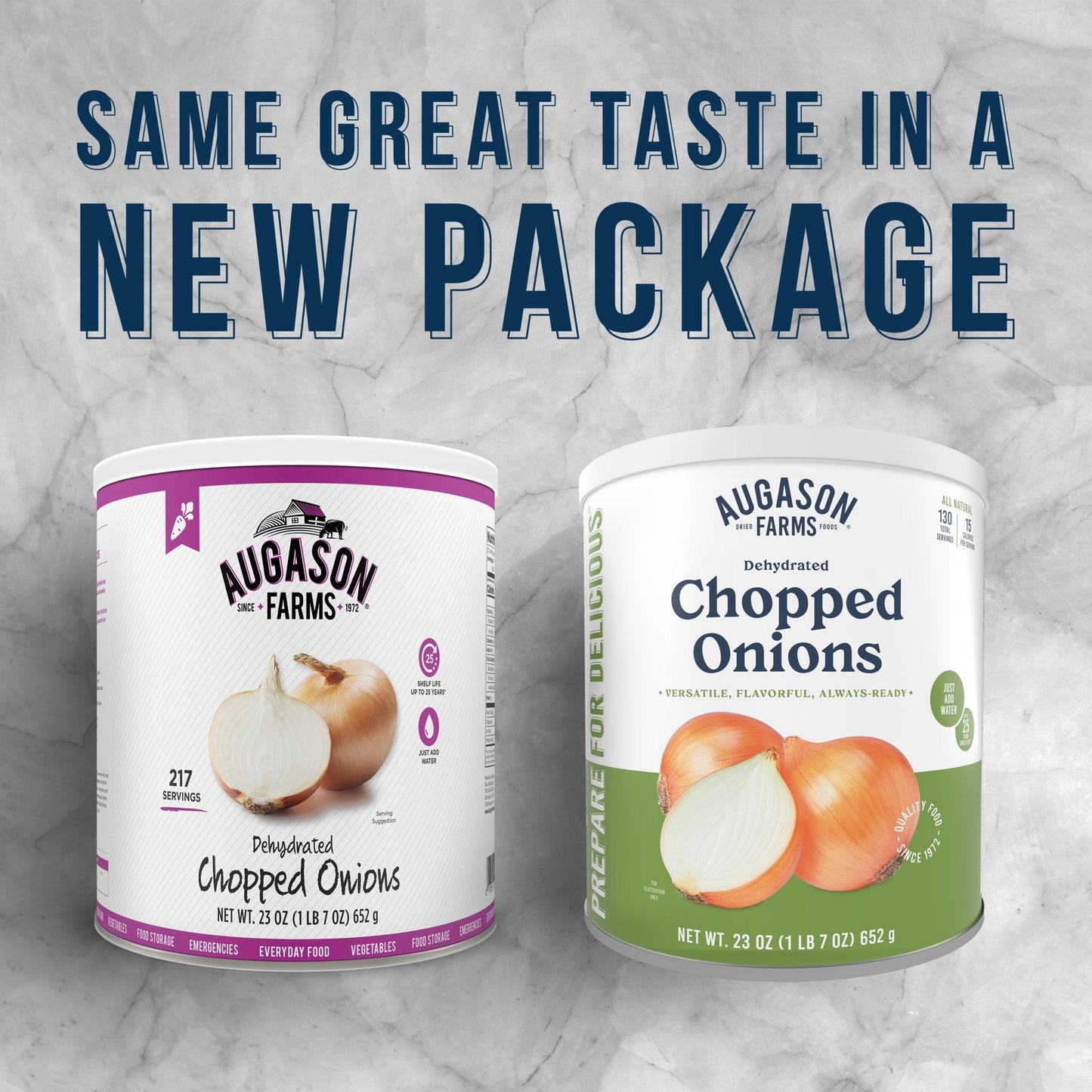 Can of Augason Farms dehydrated chopped onions with 130 servings, shown with a label and product can in the image.