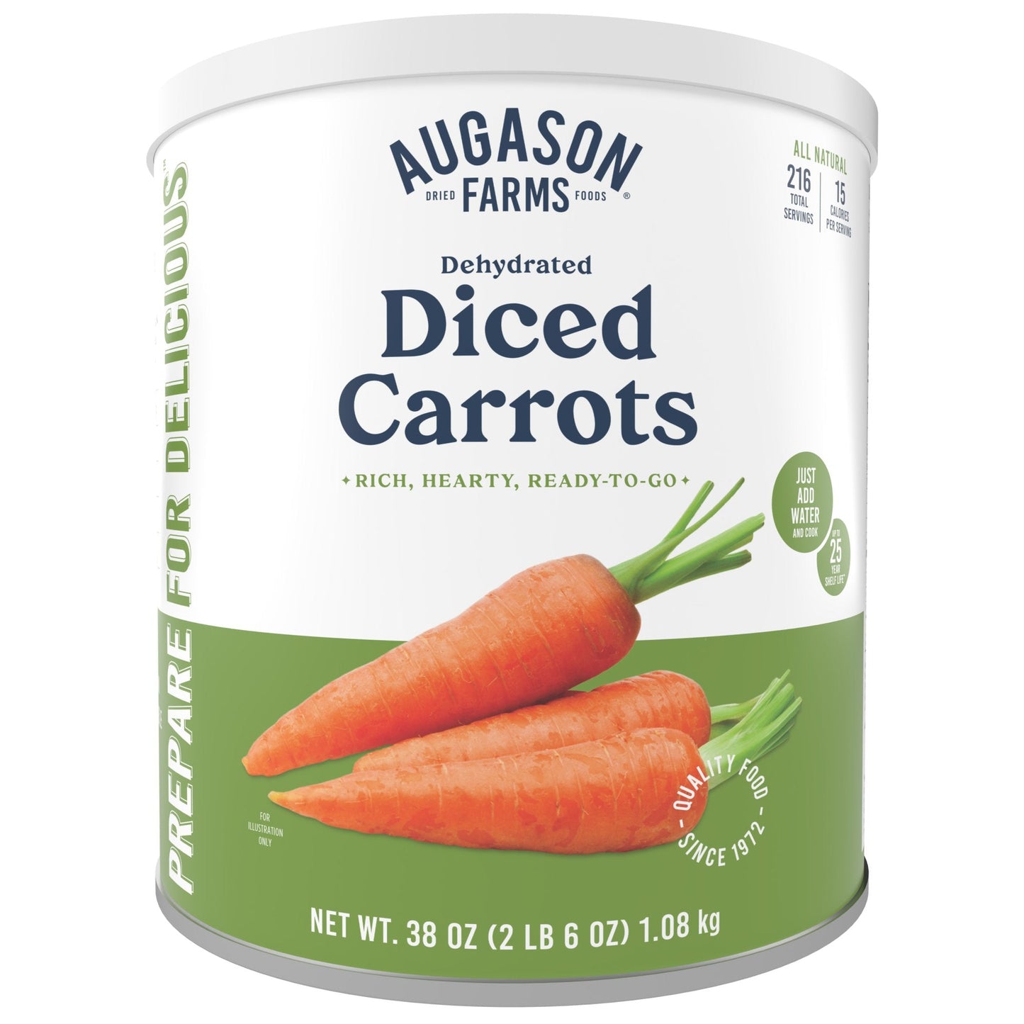 Can of dehydrated diced carrots by Augason Farms with 216 servings, showing the label and product inside the can.
