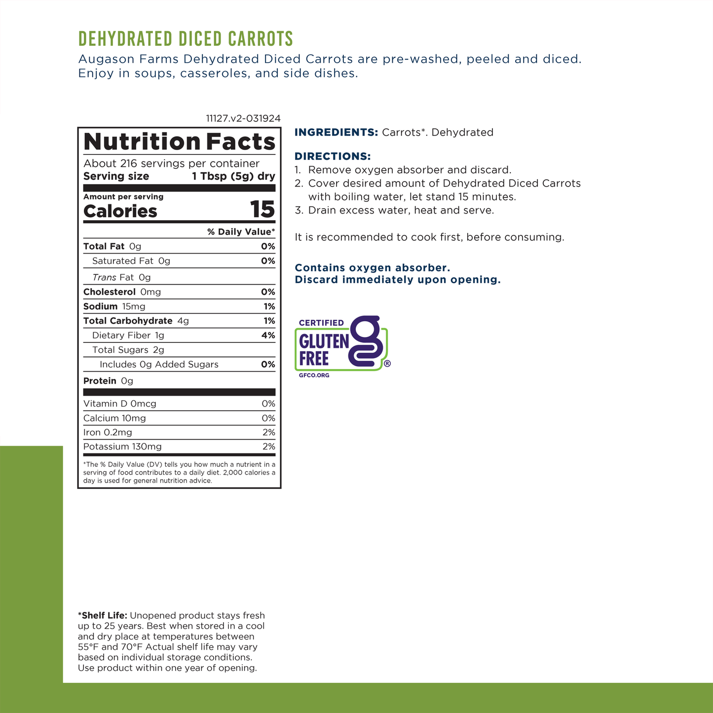Can of dehydrated diced carrots from Augason Farms with 216 servings, showing the label and product inside the can.