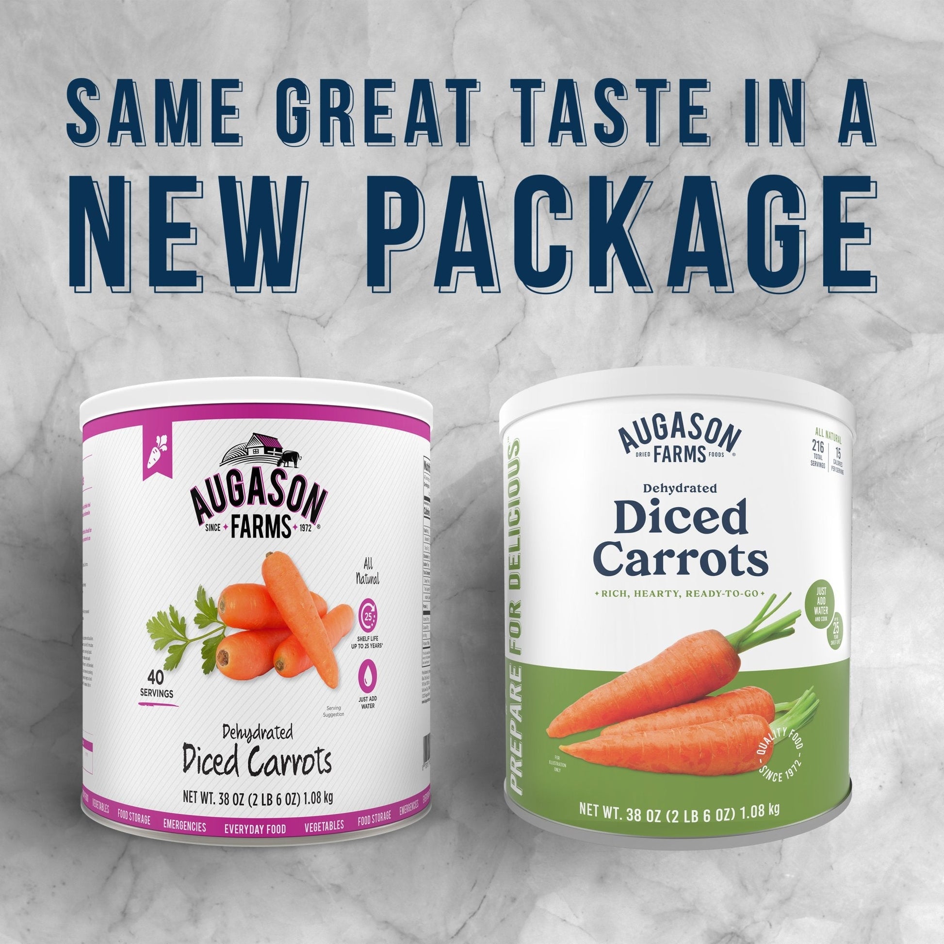 Can of dehydrated diced carrots by Augason Farms showing a sealed can with diced carrots inside, ideal for long-term storage