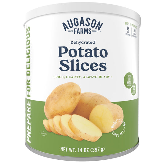 Can of dehydrated potato slices by Augason Farms, 15 serving size, showing a sealed container with sliced potatoes inside.