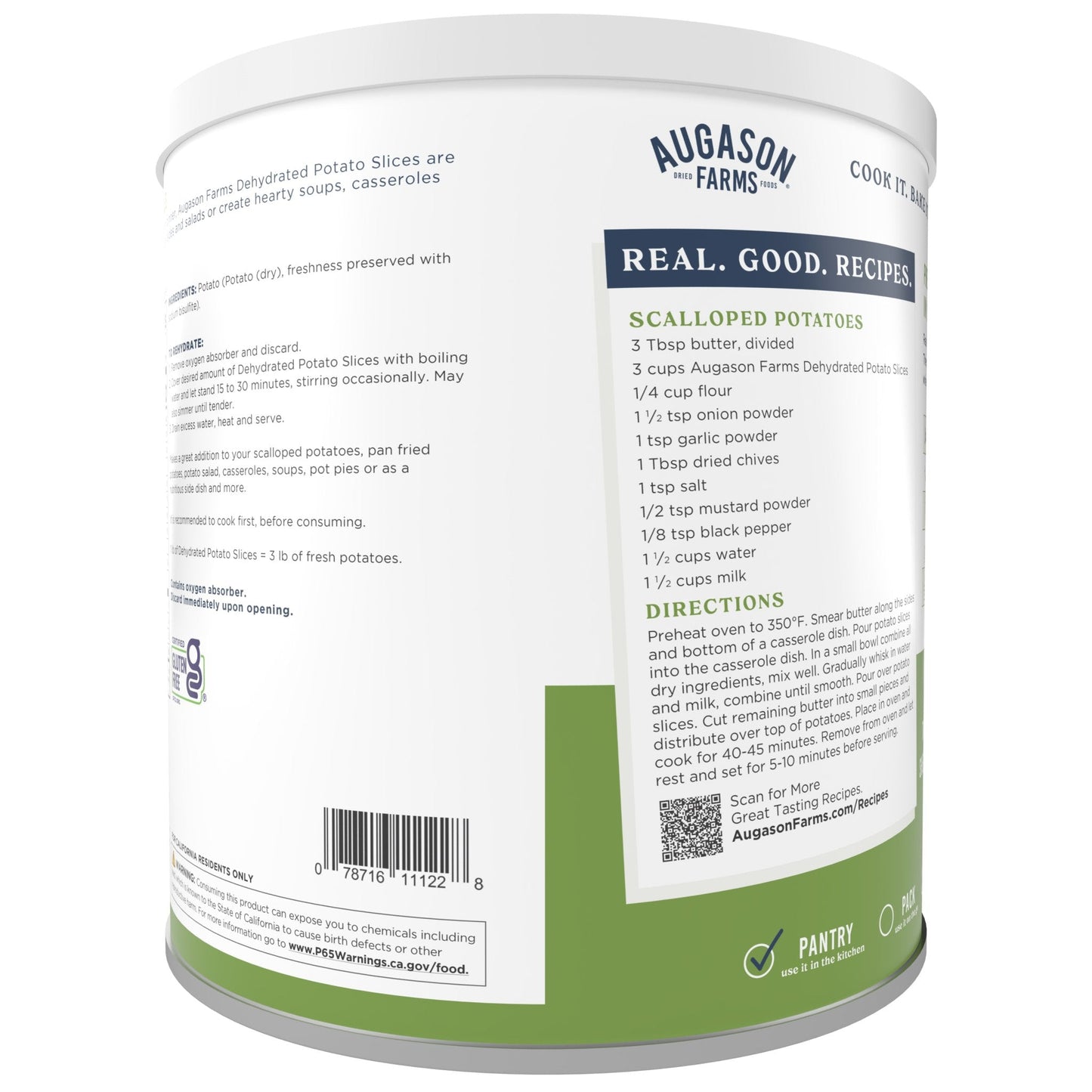 Can of dehydrated potato slices from Augason Farms, 15 servings, showing stacked potato slices inside the can.