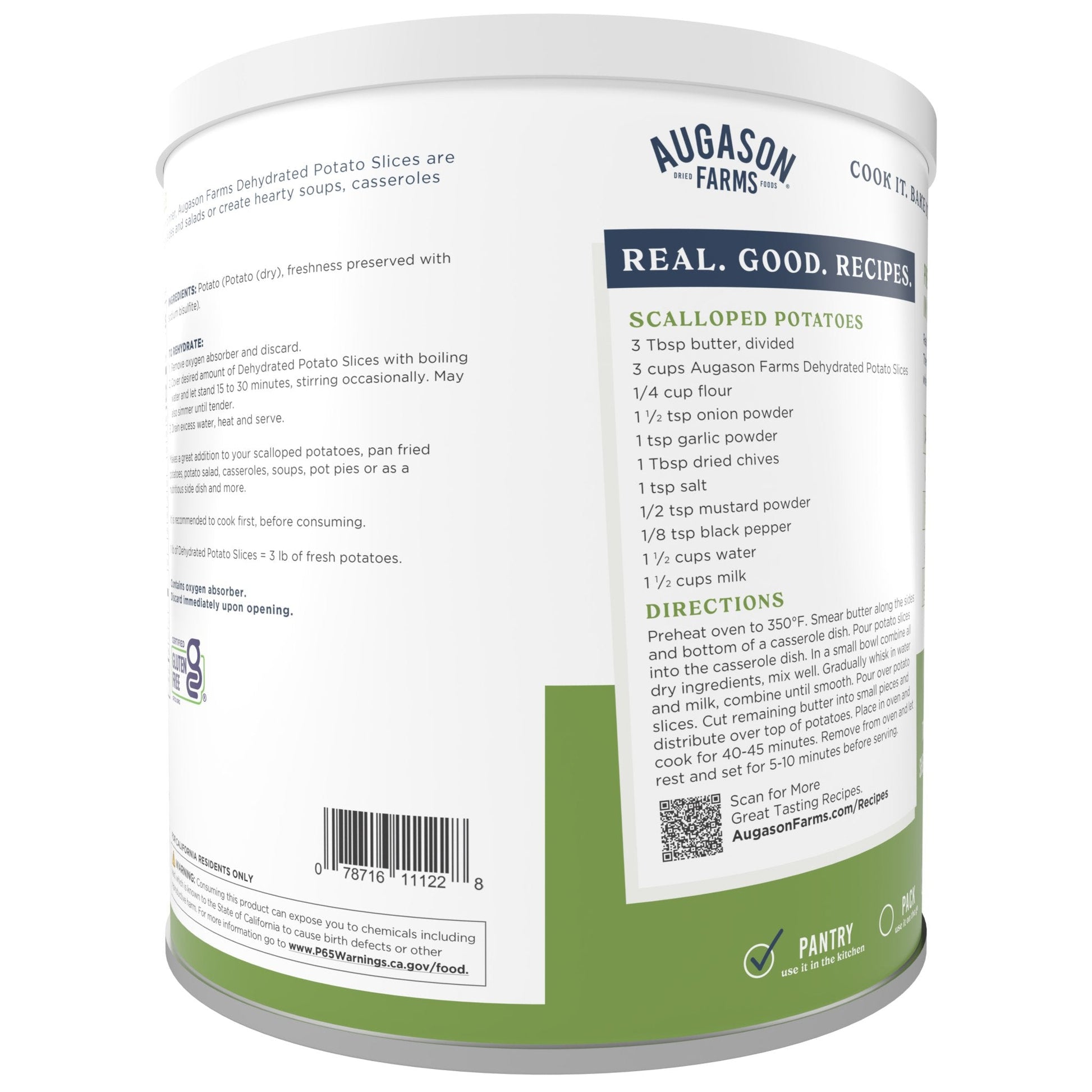 Can of dehydrated potato slices from Augason Farms, 15 servings, showing stacked potato slices inside the can.