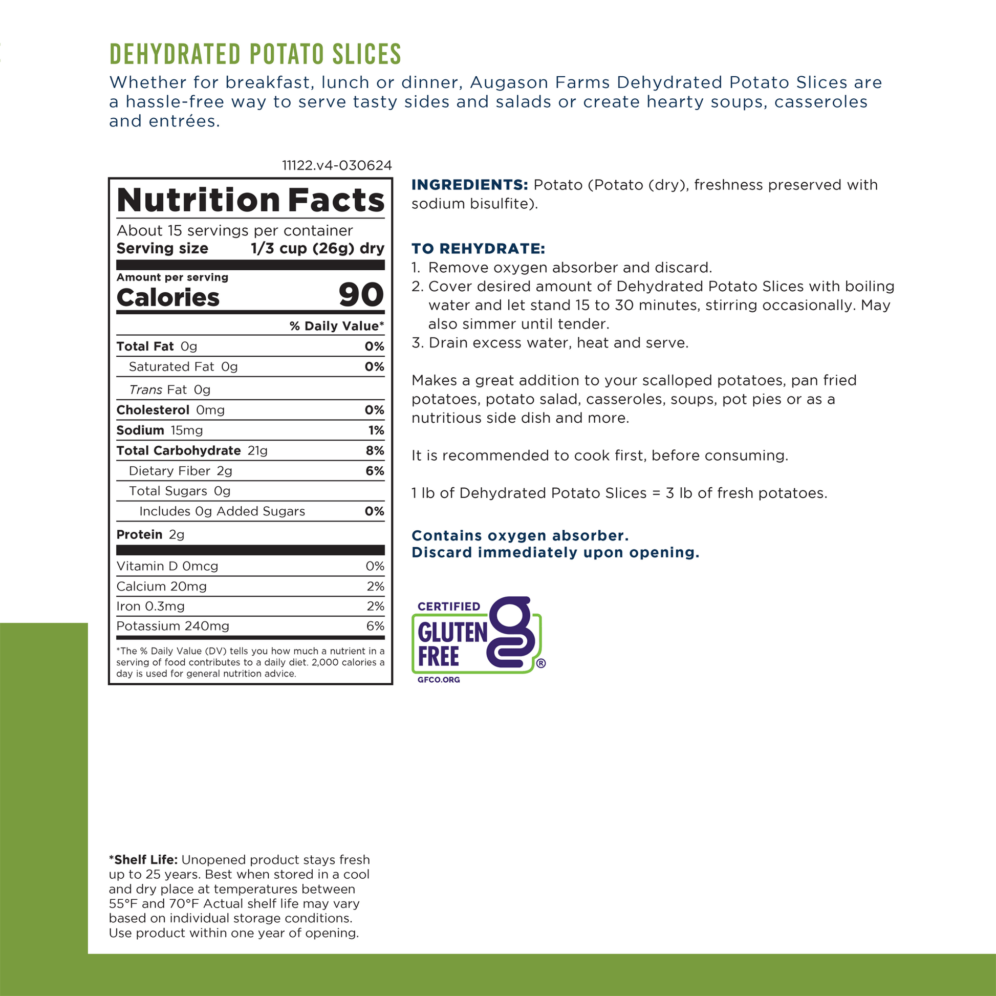 Can of dehydrated potato slices by Augason Farms, 15 servings, with dried potato slices visible inside the can.