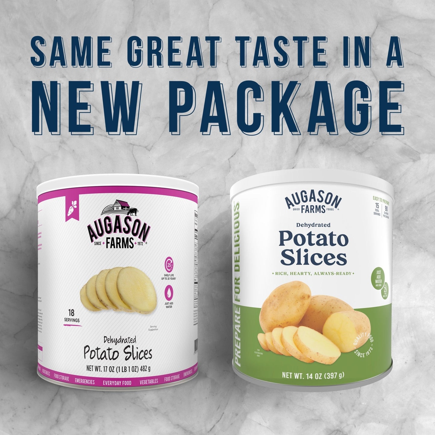 Can of dehydrated potato slices by Augason Farms, 15-serving size, showing the sealed can with label and product details.