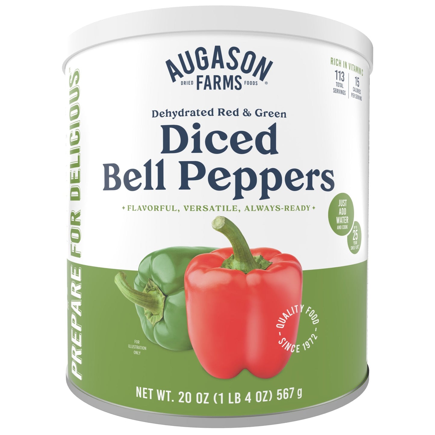 Dehydrated red and green diced bell peppers in a can from Augason Farms, ideal for adding flavor and color to dishes.