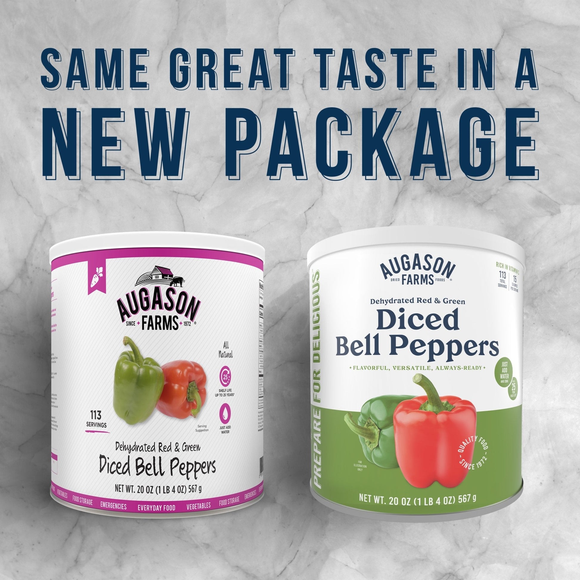 Dehydrated red and green diced bell peppers in a can from Augason Farms, suitable for long-term food storage, 113 servings