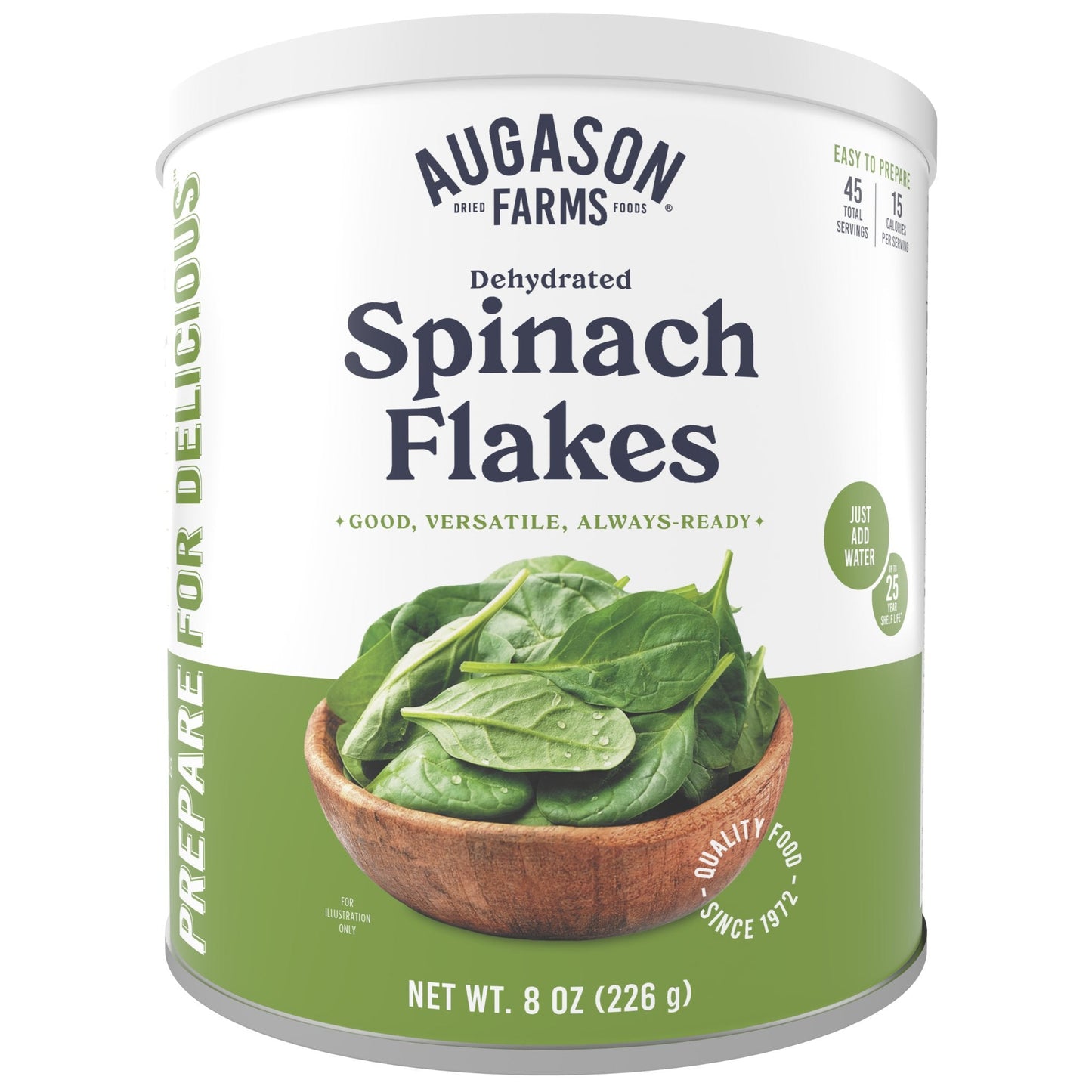 Can of Augason Farms dehydrated spinach flakes with 45 servings, showing a white can with a label featuring spinach images.