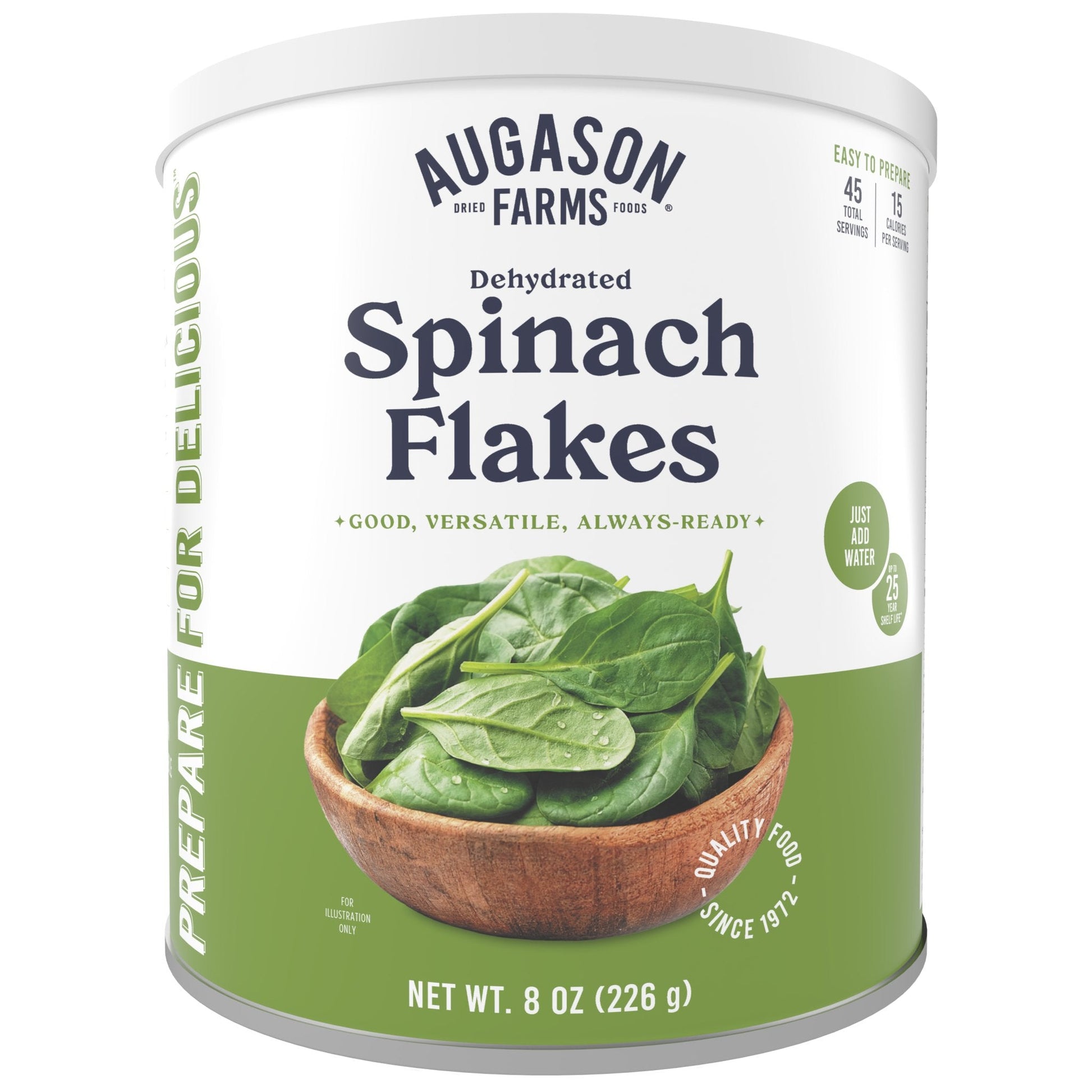 Can of Augason Farms dehydrated spinach flakes with 45 servings, showing a white can with a label featuring spinach images.