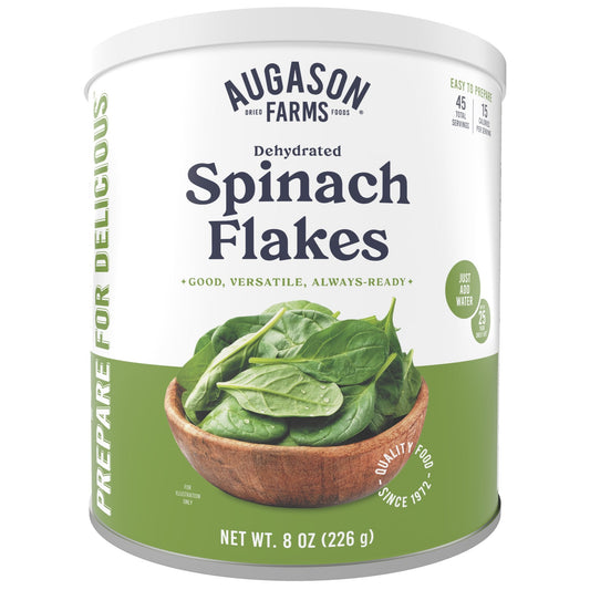 Can of Augason Farms dehydrated spinach flakes with 45 servings, showing a white can with a label featuring spinach images.