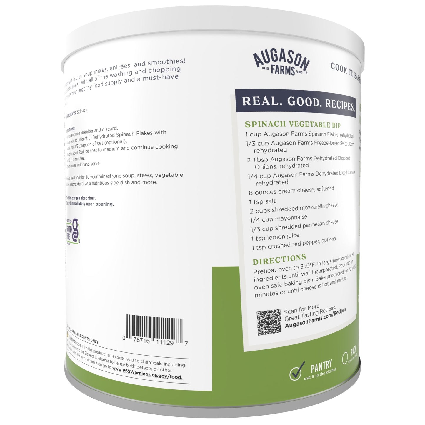 Can of Augason Farms dehydrated spinach flakes showing a white can with a label and spinach flakes inside