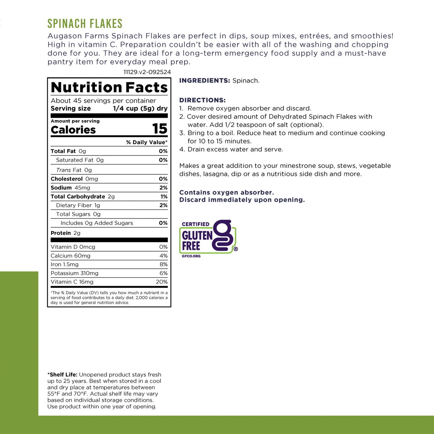 Can of Augason Farms dehydrated spinach flakes with 45 servings, showing the product can and label.